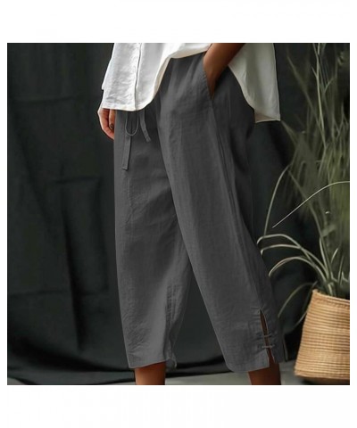 Women High Waist Drawstring Elastic Capri Pants Lightweight Cotton Linen Pants Trendy Trousers with Pockets 04 Dark Gray $7.6...