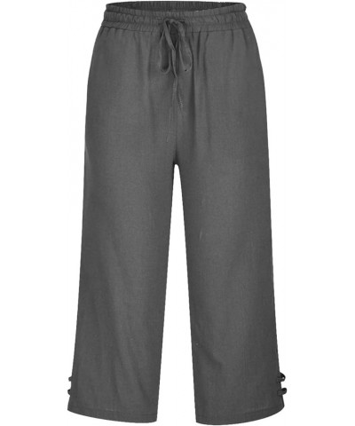 Women High Waist Drawstring Elastic Capri Pants Lightweight Cotton Linen Pants Trendy Trousers with Pockets 04 Dark Gray $7.6...