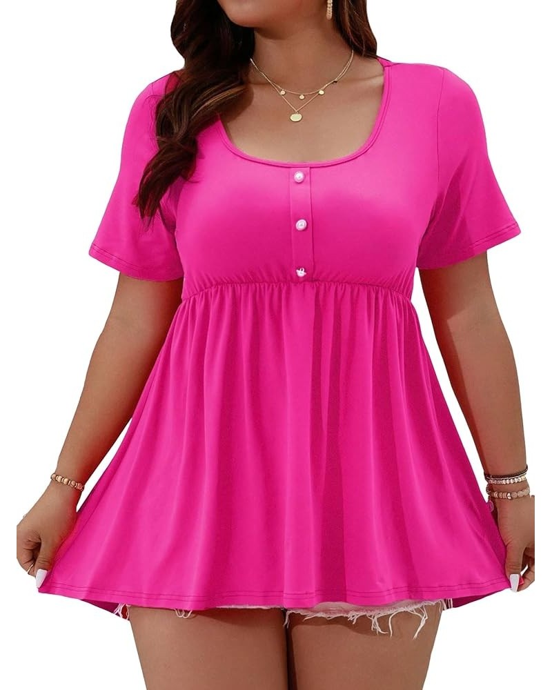 Women's Plus Size Half Button Tee Ruffle Hem Square Neck Short Sleeve Peplum Long T Shirt Top Hot Pink $15.98 T-Shirts
