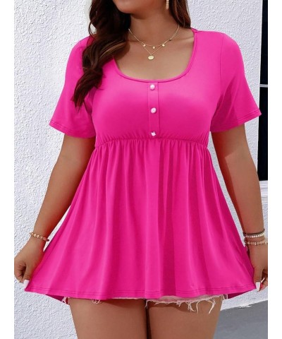 Women's Plus Size Half Button Tee Ruffle Hem Square Neck Short Sleeve Peplum Long T Shirt Top Hot Pink $15.98 T-Shirts