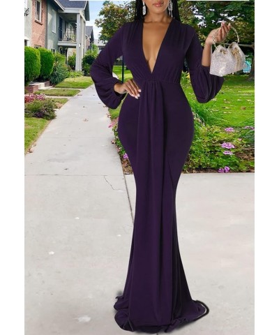 Sexy Floral Maxi Dress for Women Deep V-Neck Long Sleeve Casual Long Party Dress Purple-f $23.52 Dresses