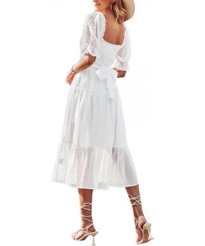 YANER Women's Swiss Dots Square Neck Puff Sleeve Self Tie Shirred Sheer Mesh Ruffle Hem A Line Mini Dress White $18.86 Dresses
