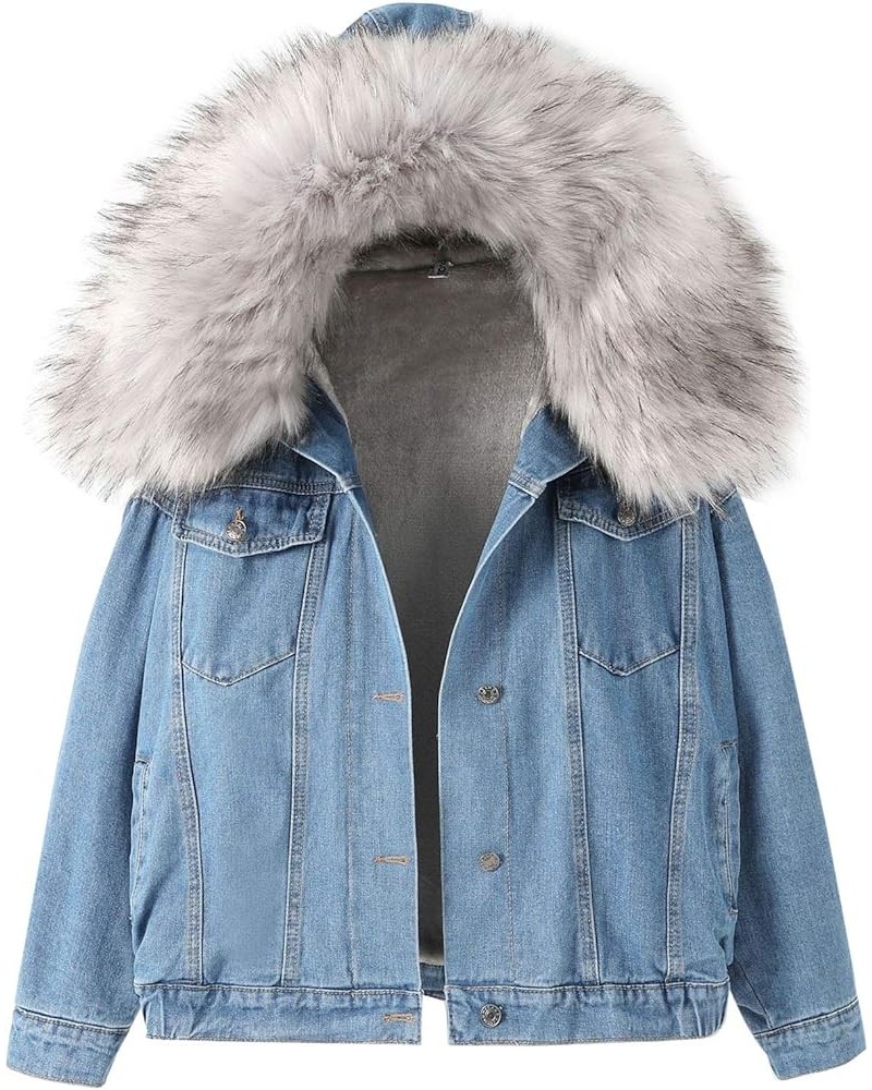 Women's Oversized Warm Sherpa Lined Faux Fur Hooded Denim Jacket Jean Coat Grey $25.19 Jackets