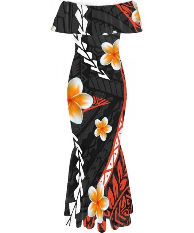 Womens Polynesia Partten Off The Shoulder Dresses Ruffle Trim Short Sleeve Floor Length Maxi Dress Red Tribal Polynesia Plume...