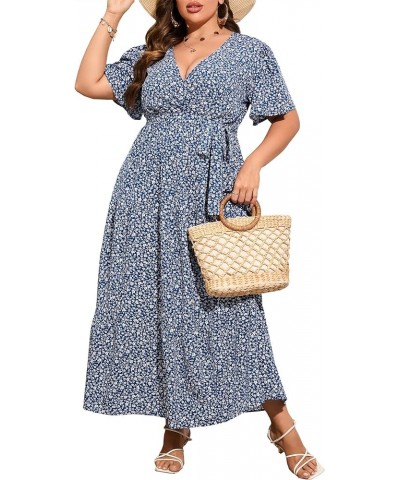 Womens Plus Size V Neck Wrap Maxi Dress High Waist Ruffle Summer Casual Dress with Belt Deep Blue White $22.87 Dresses