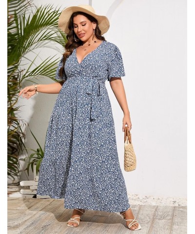 Womens Plus Size V Neck Wrap Maxi Dress High Waist Ruffle Summer Casual Dress with Belt Deep Blue White $22.87 Dresses