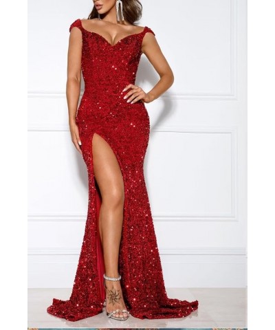 Sequin Mermaid Prom Dresses with Slit Off Shoulder Long Sweetheart Formal Evening Party Dress for Women 2024 Black $30.55 Dre...