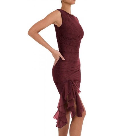 Women Elegant Evening Dress Sexy Bodycon Midi Dress Sleeveless Open Back Ruffle Hem Dress Mermaid Tank Dress Wine Red $13.79 ...