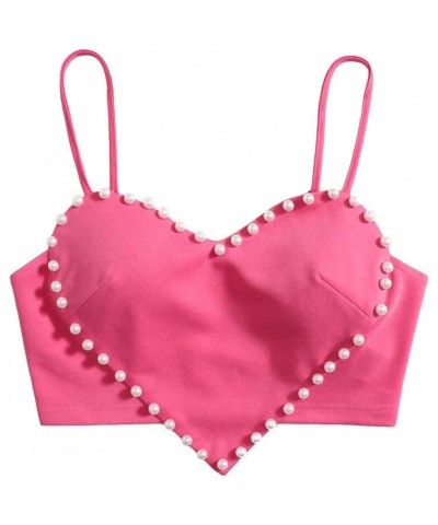 Women's Pearls Sleeveless Asymmetrical Hem Crop Cami Top Sexy Camisole Hot Pink $13.23 Tanks