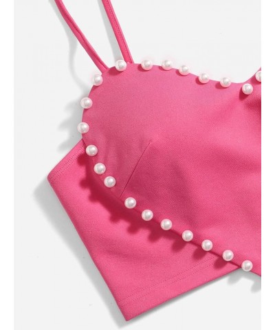 Women's Pearls Sleeveless Asymmetrical Hem Crop Cami Top Sexy Camisole Hot Pink $13.23 Tanks