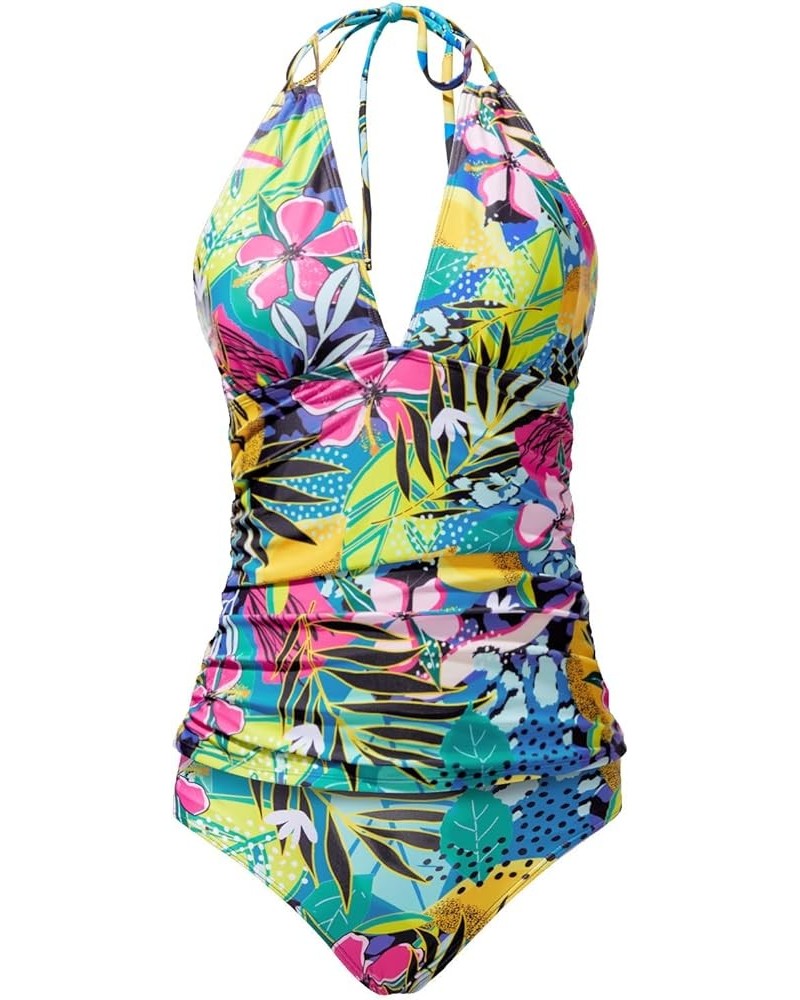Halter Tankini Two Piece Swimsuits for Women Tummy Control Bathing Suit V Neck Swimwear for Ladies Clourful Flower $19.24 Swi...