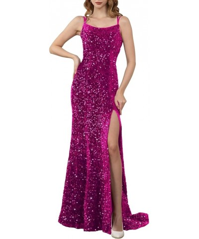 Spaghetti Straps Sequin Prom Dresses 2024 Mermaid Formal Dress with Slit Long Sparkly Evening Party Gowns for Women Fuchsia $...