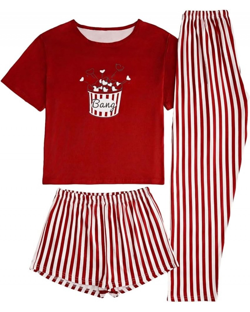 Women's 3 Piece Sleepwear Cow Print Short Sleeve Round Neck Tee Top and Shorts Pajamas Set with Pants Red Stripes $19.59 Slee...