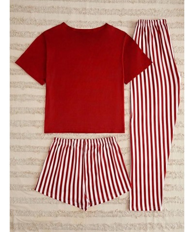 Women's 3 Piece Sleepwear Cow Print Short Sleeve Round Neck Tee Top and Shorts Pajamas Set with Pants Red Stripes $19.59 Slee...