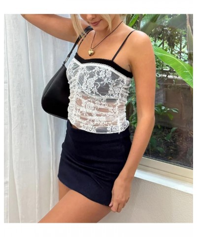 Women Y2k Lace Patchwork Sheer Mesh Camis Ruched See Though Spaghetti Strap Top Slim Fit Crop Camisole Vests I-white Nine $7....