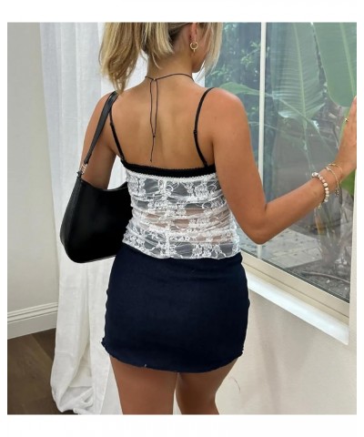 Women Y2k Lace Patchwork Sheer Mesh Camis Ruched See Though Spaghetti Strap Top Slim Fit Crop Camisole Vests I-white Nine $7....