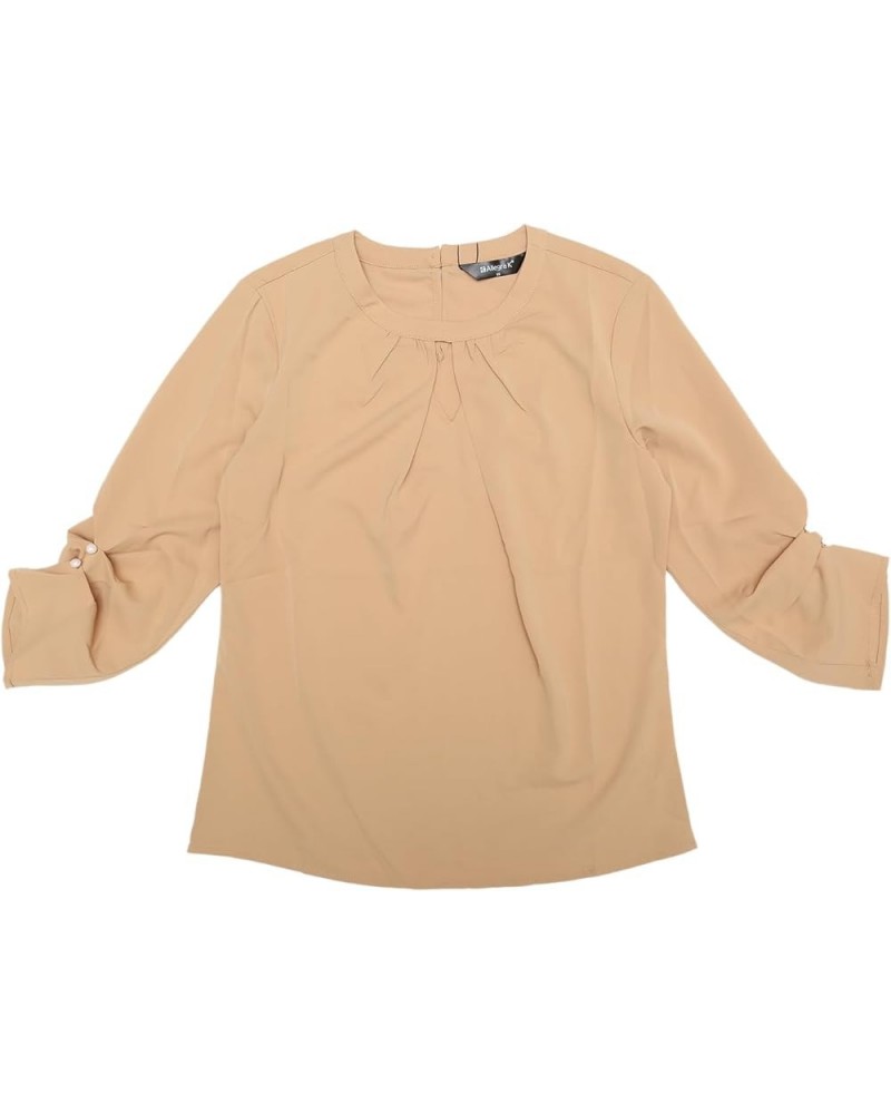 Women's Work Office Keyhole Pleated Front Ruched 3/4 Sleeve Shirt Chiffon Blouse Khaki $19.71 Blouses