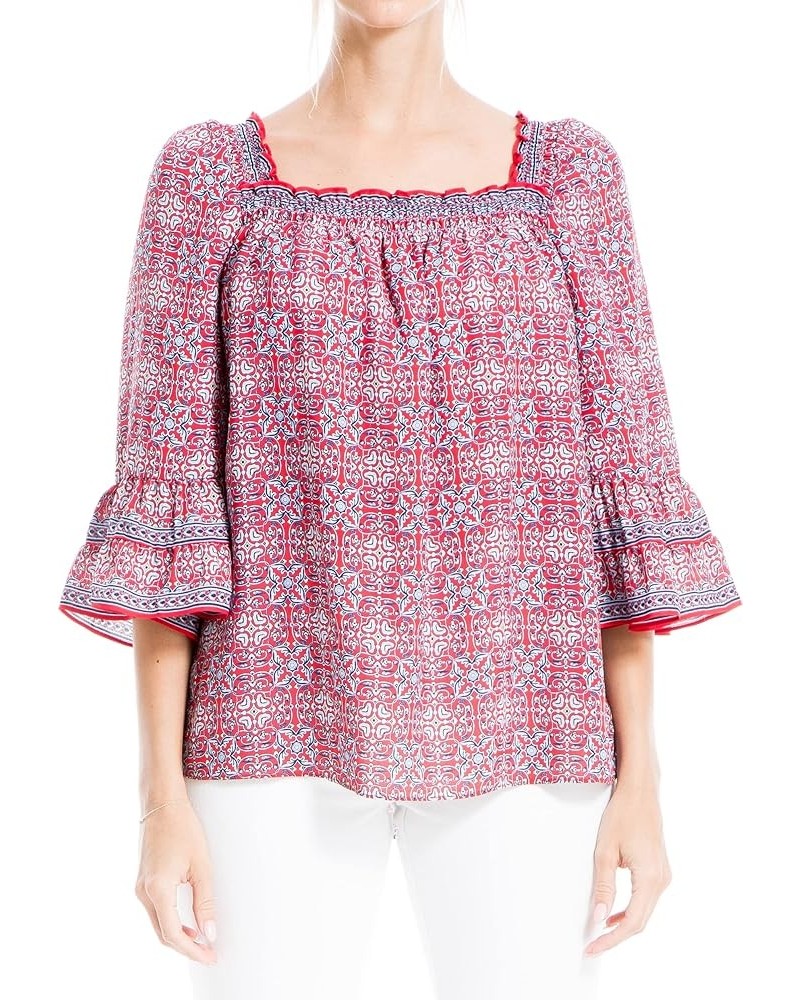 Women's Crepe Ruffle Elbow Sleeve Blouse Red/Navy Small Chinese Medallion $15.05 Blouses