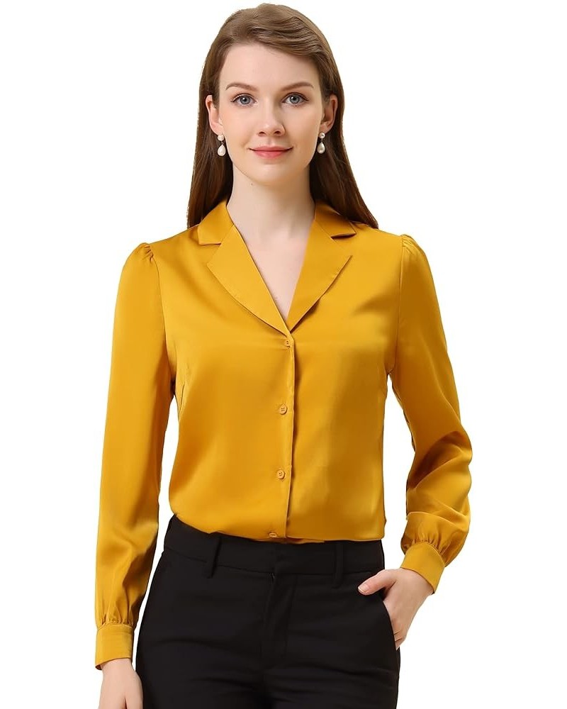 Women's Elegant Collar Blouse Long Sleeve Work Office Button Down Satin Shirt Yellow $15.99 Blouses