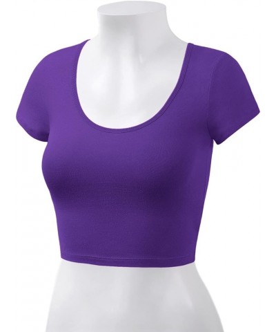 Women's Cotton Basic Scoop Neck Crop Top Short Sleeve Tops 011-purple $9.34 T-Shirts