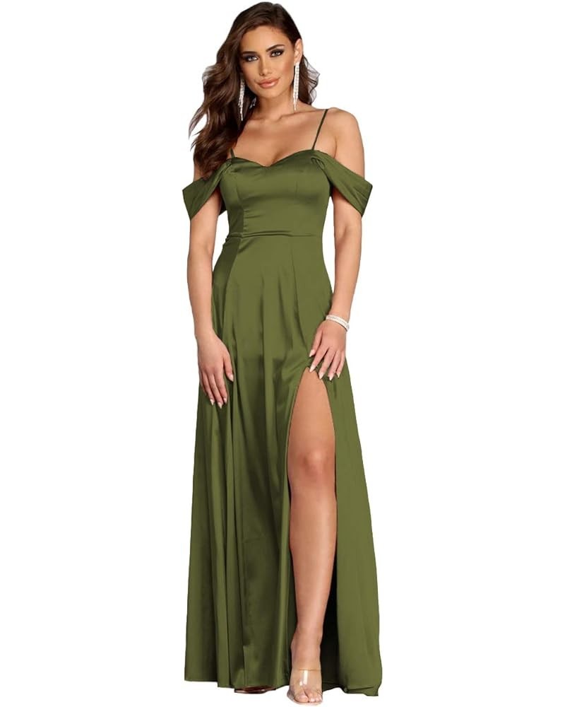 Women's Off The Shoulder Prom Dresses Long with Slit Spaghetti Straps Satin Evening Wedding Party Gowns MD003 Olive Green $36...