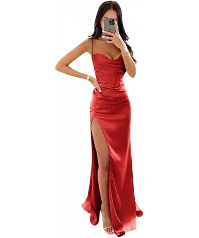 Satin Prom Dresses Spaghetti Straps Women's Cowl Neck Formal Evening Party Gowns 2024 Red $30.00 Dresses