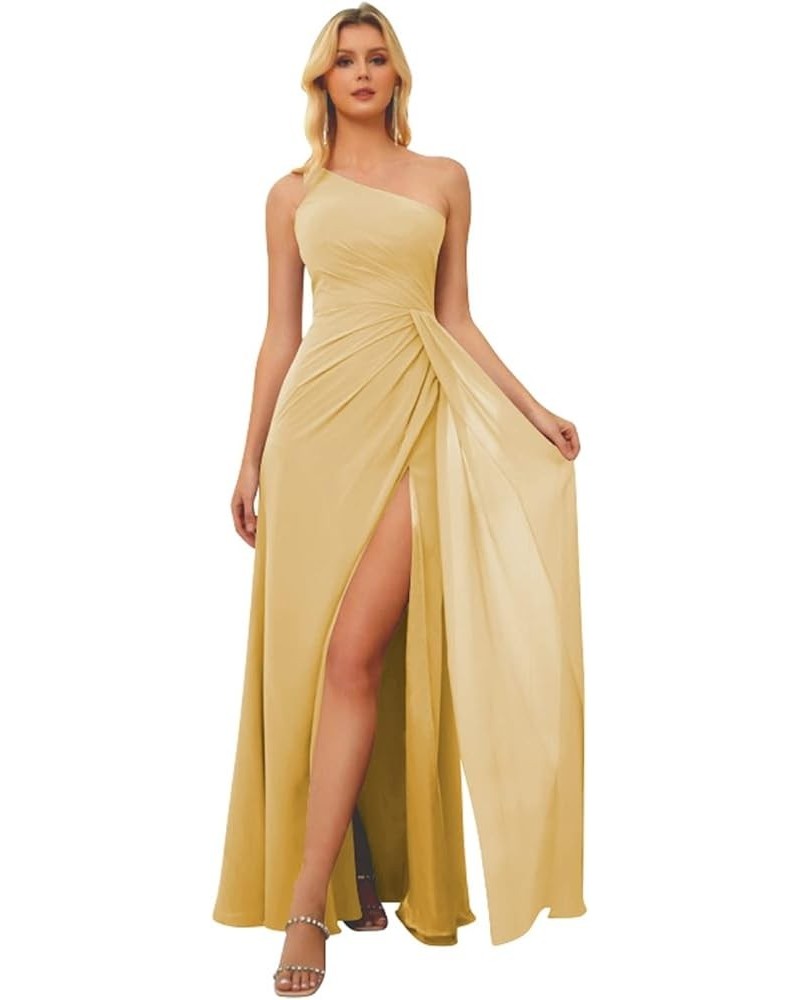 Women's One Shoulder Bridesmaid Dresses Long A Line Ruched Chiffon Formal Dress with Slit TS001 Gold $30.77 Dresses