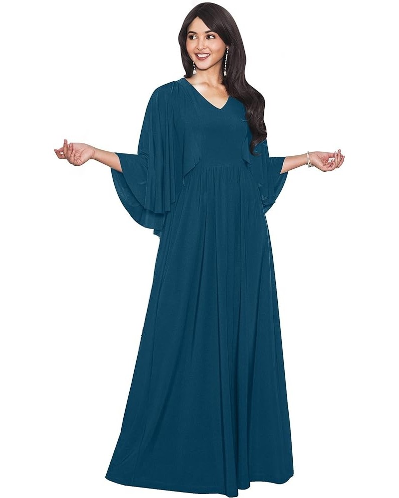 Womens V-Neck Elegant Batwing Cape Sleeves Cocktail Maxi Dress Gown Blue Teal $24.18 Dresses