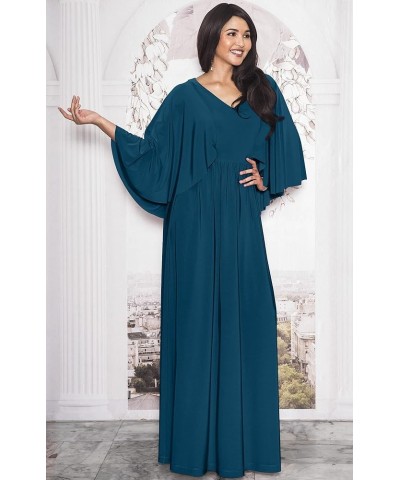 Womens V-Neck Elegant Batwing Cape Sleeves Cocktail Maxi Dress Gown Blue Teal $24.18 Dresses