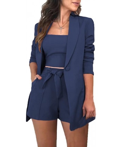Women Sexy Bussiness Outfits 3 Piece Open Front Button Blazers + Crop Tops + Belted Shorts Set Jumpsuits 01navy $22.55 Suits