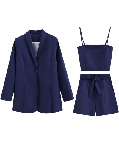 Women Sexy Bussiness Outfits 3 Piece Open Front Button Blazers + Crop Tops + Belted Shorts Set Jumpsuits 01navy $22.55 Suits