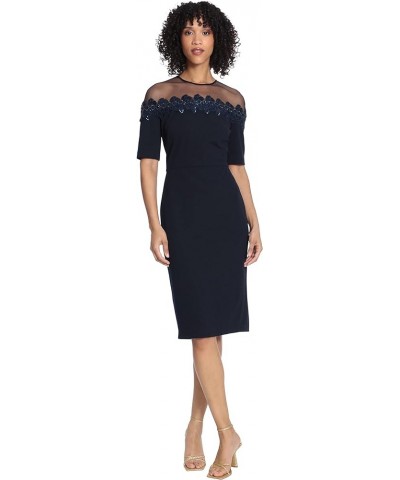 Women's Mesh Yoke Pencil Skirt Dress with Applique Trim Twilight Navy $27.08 Dresses