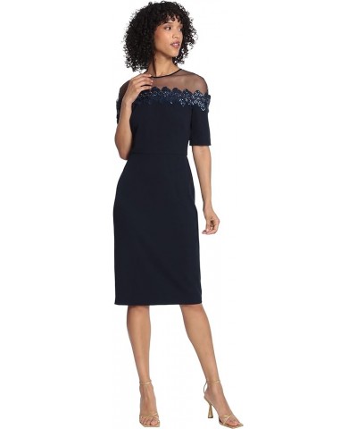 Women's Mesh Yoke Pencil Skirt Dress with Applique Trim Twilight Navy $27.08 Dresses