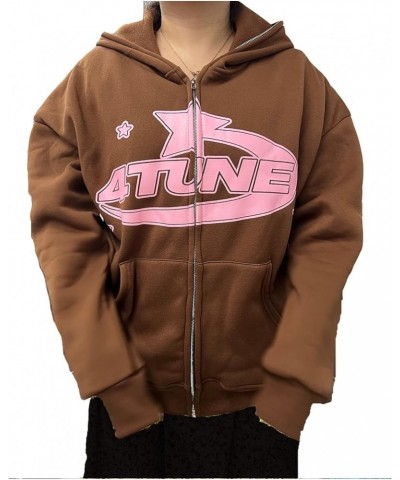 Y2k Women Men Letter Graphic Hoodies Aesthetics Casual Zip Up Oversized Pullover Sweatshirt Harajuku Jacket B-brown $14.27 Ho...