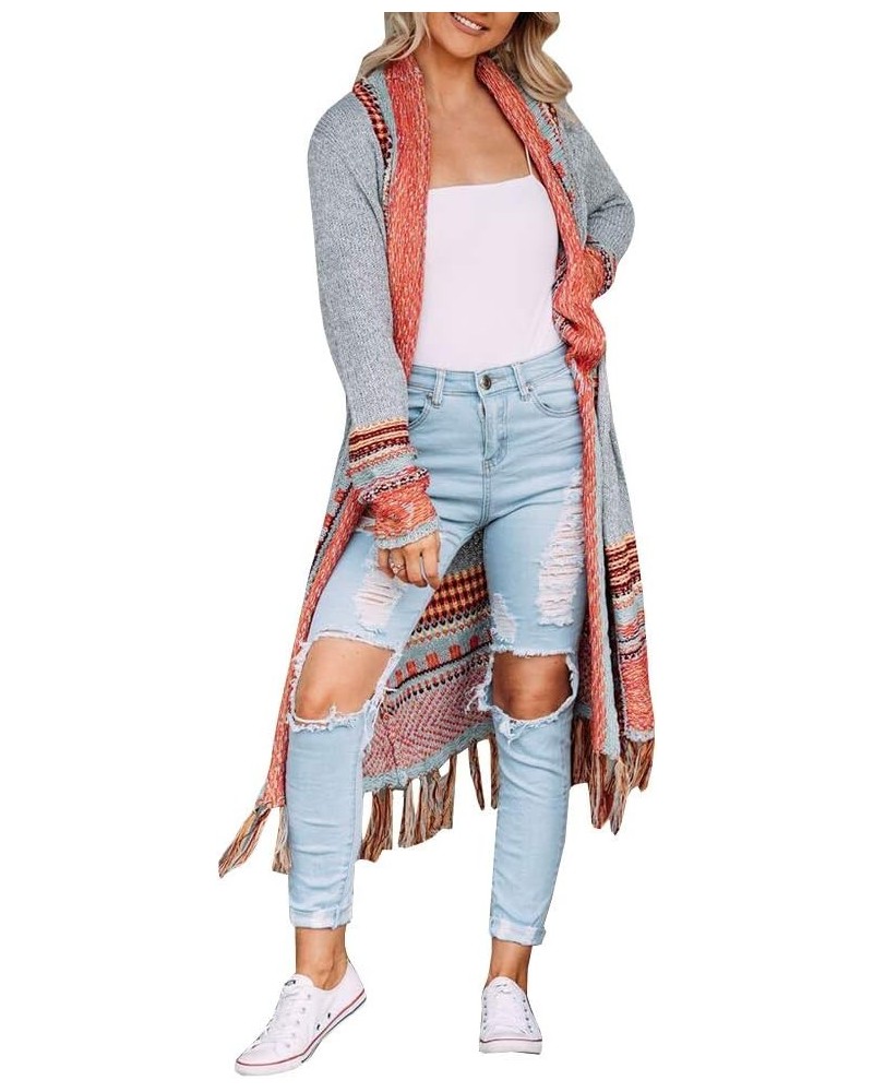 Women Boho Cardigan Sweater Long Open Front Maxi Knit Sweaters Aztec Tribal Tassel Fringe Thin Coat B-grey $26.39 Sweaters