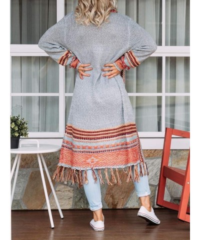 Women Boho Cardigan Sweater Long Open Front Maxi Knit Sweaters Aztec Tribal Tassel Fringe Thin Coat B-grey $26.39 Sweaters