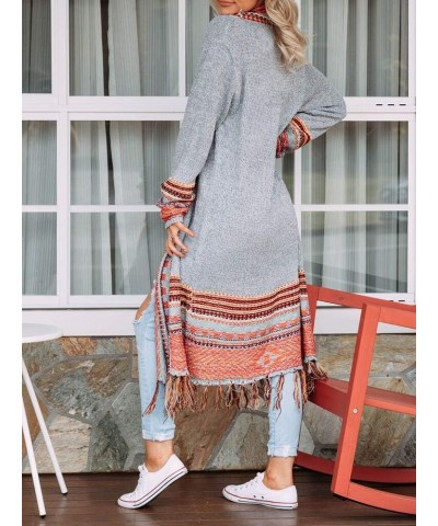 Women Boho Cardigan Sweater Long Open Front Maxi Knit Sweaters Aztec Tribal Tassel Fringe Thin Coat B-grey $26.39 Sweaters