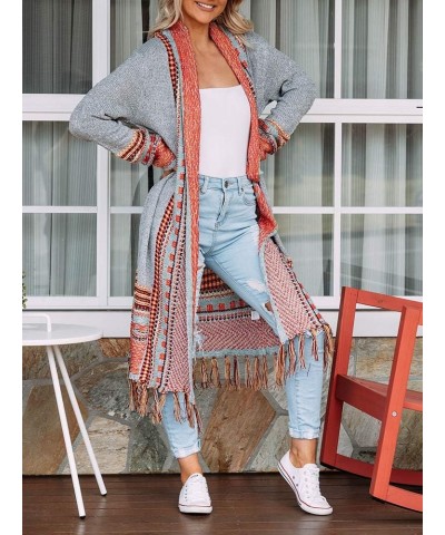 Women Boho Cardigan Sweater Long Open Front Maxi Knit Sweaters Aztec Tribal Tassel Fringe Thin Coat B-grey $26.39 Sweaters