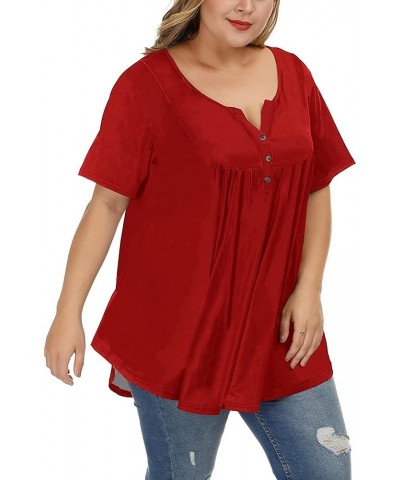 Women's Plus Size Tunic Tops Summer Short Sleeve V Neck Blouses Ruffle Flowy Button Up T Shirts Solid Red $17.92 Tops