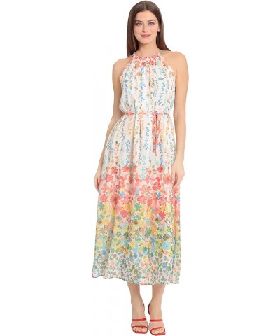 Women's Floral Printed Halter Maxi with Waist Tie Ivory/Coral Peach $40.95 Dresses