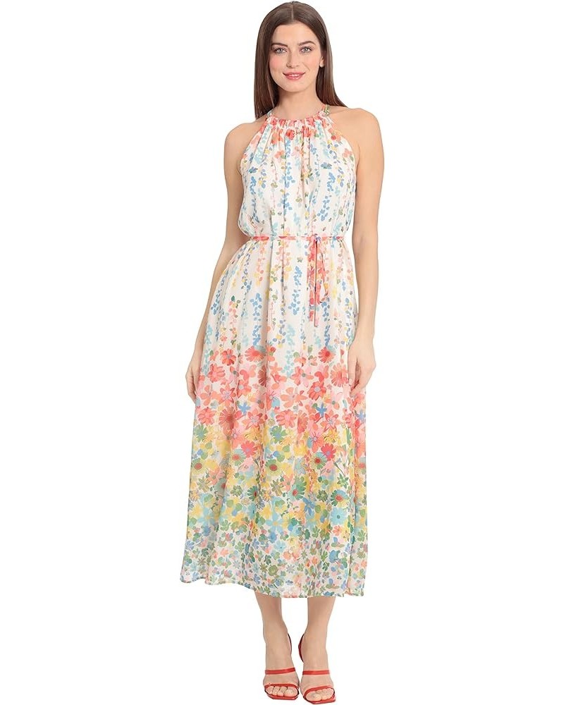 Women's Floral Printed Halter Maxi with Waist Tie Ivory/Coral Peach $40.95 Dresses