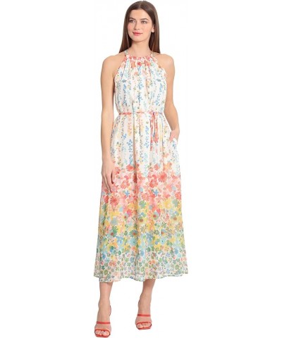 Women's Floral Printed Halter Maxi with Waist Tie Ivory/Coral Peach $40.95 Dresses