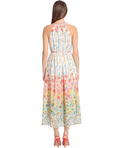 Women's Floral Printed Halter Maxi with Waist Tie Ivory/Coral Peach $40.95 Dresses