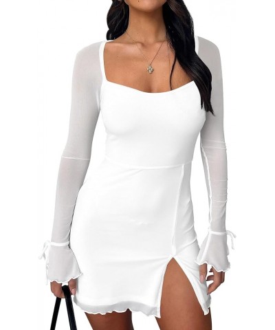 Women's Sexy Bodycon Mesh Long Sleeve Square Neck Slit Party Short Mini Dress White $16.95 Dresses