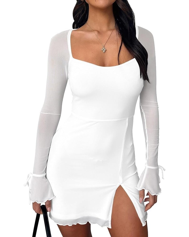 Women's Sexy Bodycon Mesh Long Sleeve Square Neck Slit Party Short Mini Dress White $16.95 Dresses