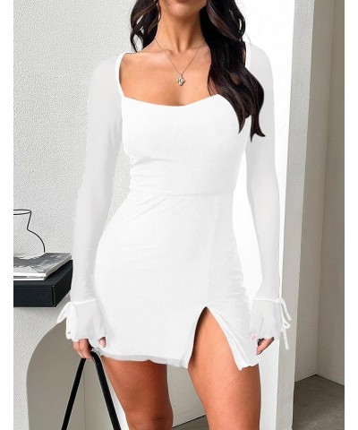 Women's Sexy Bodycon Mesh Long Sleeve Square Neck Slit Party Short Mini Dress White $16.95 Dresses