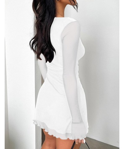 Women's Sexy Bodycon Mesh Long Sleeve Square Neck Slit Party Short Mini Dress White $16.95 Dresses