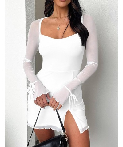 Women's Sexy Bodycon Mesh Long Sleeve Square Neck Slit Party Short Mini Dress White $16.95 Dresses