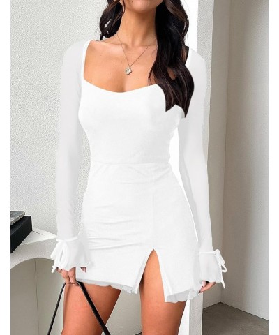 Women's Sexy Bodycon Mesh Long Sleeve Square Neck Slit Party Short Mini Dress White $16.95 Dresses