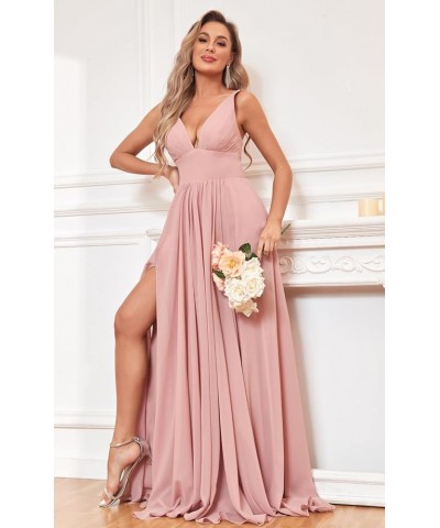 Chiffon Bridesmaid Dress for Wedding with Long Sleeve V Neck Formal Party Gown with Slit Green $35.99 Dresses